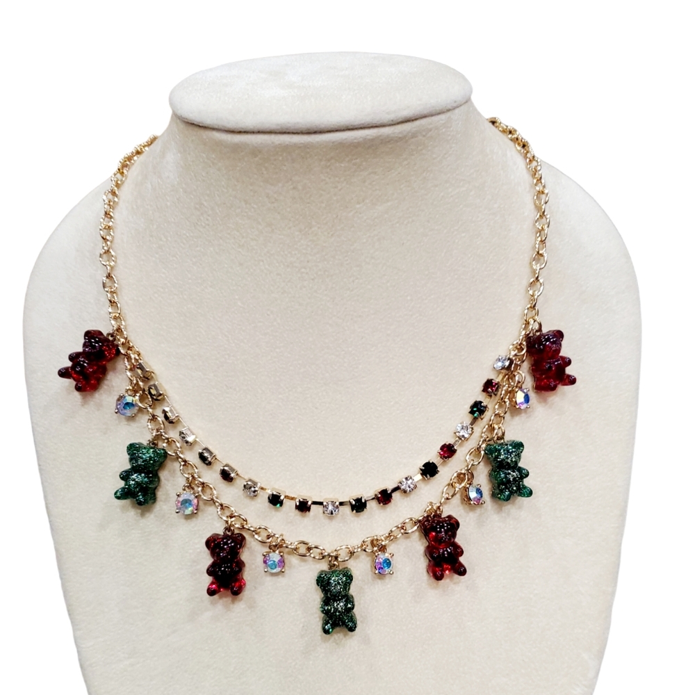 Betsey Johnson Red Green Gummy Bear Charm Necklace Gold Tone NWT